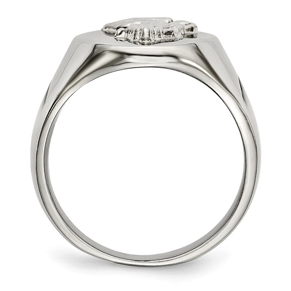 Polished Stainless Steel Chisel Ring with Sterling Silver Praying Hands