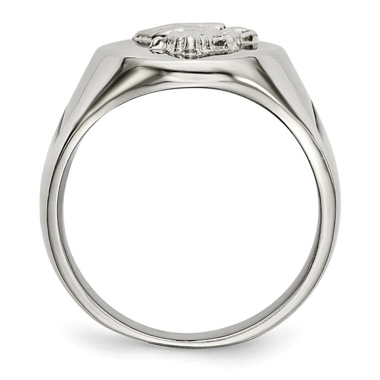 Exclusive Polished Stainless Steel Chisel Ring with Sterling Silver Praying Hands