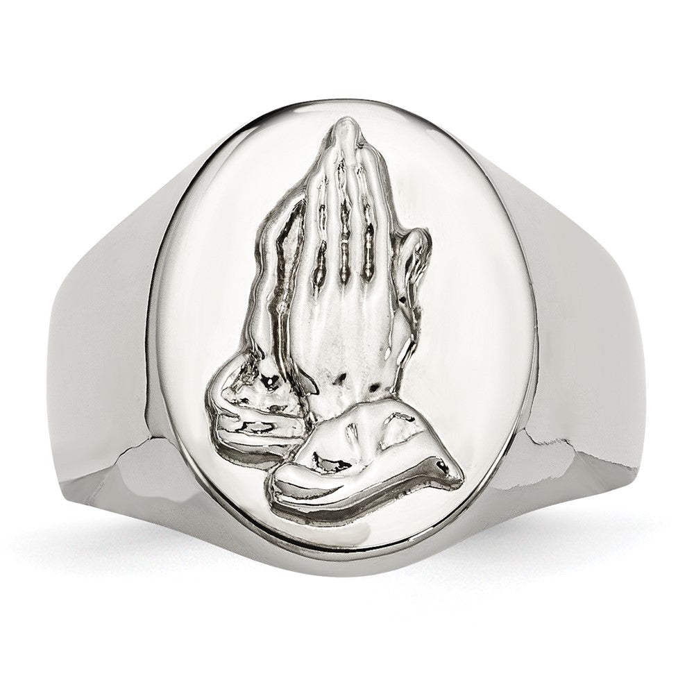 Exclusive Polished Stainless Steel Chisel Ring with Sterling Silver Praying Hands