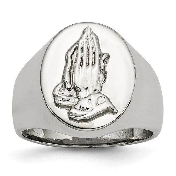 Polished Stainless Steel Chisel Ring with Sterling Silver Praying Hands