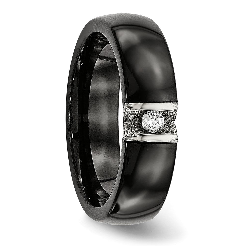 Buy Stylish Chisel Polished Stainless Steel Ring with Black Ceramic CZ Accents