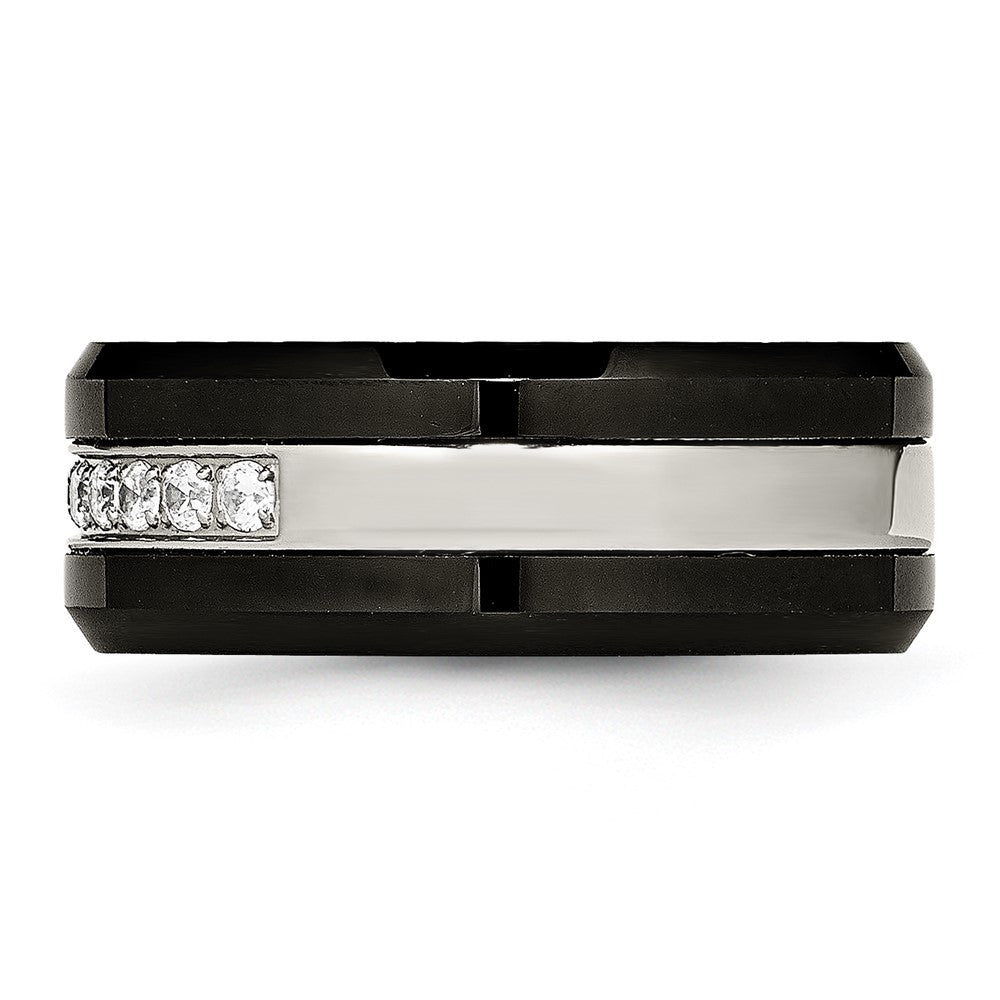 Buy Stylish Chiseled Stainless Steel Ring with Black Ceramic & CZ Beveled Edge