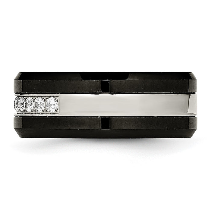 Buy Stylish Chiseled Stainless Steel Ring with Black Ceramic & CZ Beveled Edge-3
