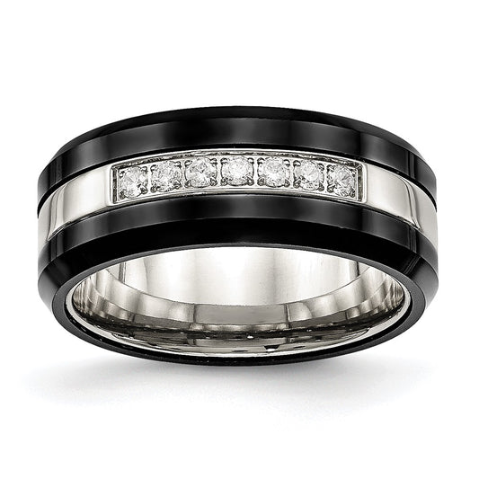 Exclusive Chiseled Stainless Steel Ring with Black Ceramic & CZ Bevel - Affordable Luxury