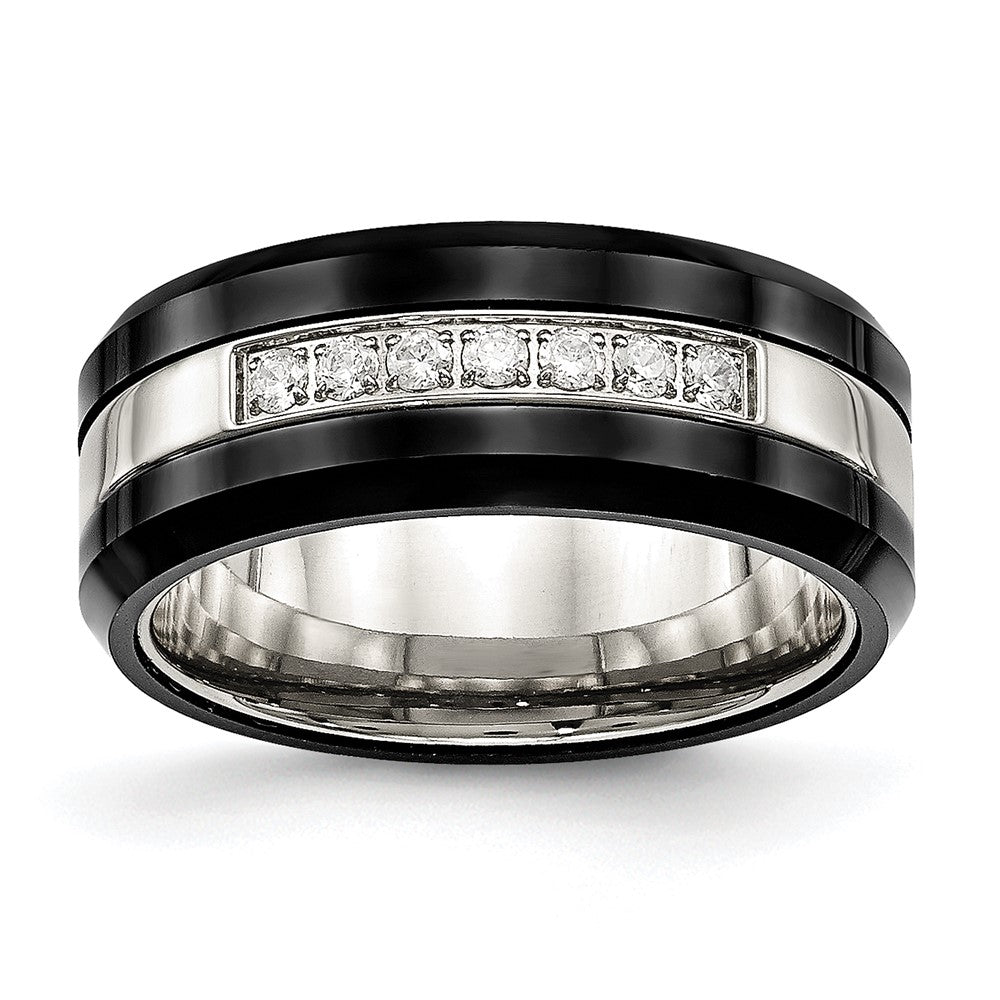 Buy Stylish Polished Black Ceramic Ring 8mm with CZ Accents & Beveled Edge