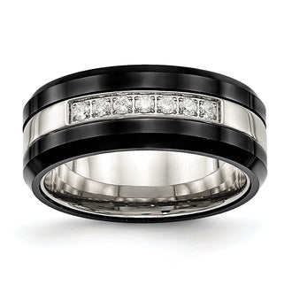 Buy Stylish Chiseled Stainless Steel Ring with Black Ceramic & CZ Beveled Edge