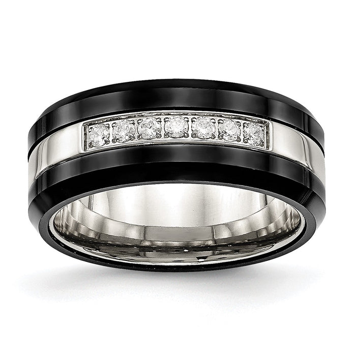 Buy Stylish Chiseled Stainless Steel Ring with Black Ceramic & CZ Beveled Edge-1