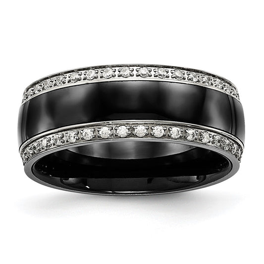 Exclusive Polished Stainless Steel Chisel Ring: Stylish Black Ceramic & CZ Accents