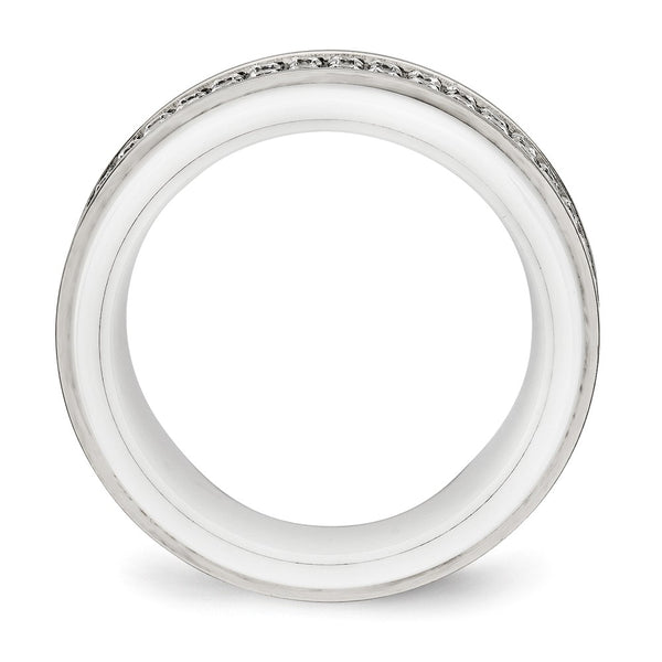 Chisel Polished Stainless Steel Ring with White Ceramic & CZ Edge