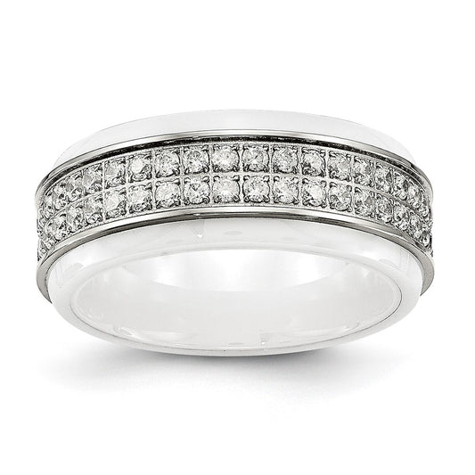 High-Quality Chisel Polished Stainless Steel & White Ceramic Ring | Stylish CZ Edge