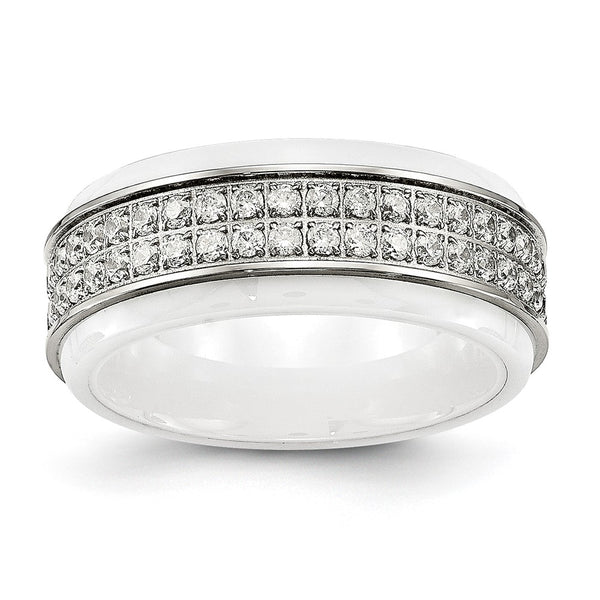 Chisel Polished Stainless Steel Ring with White Ceramic & CZ Edge