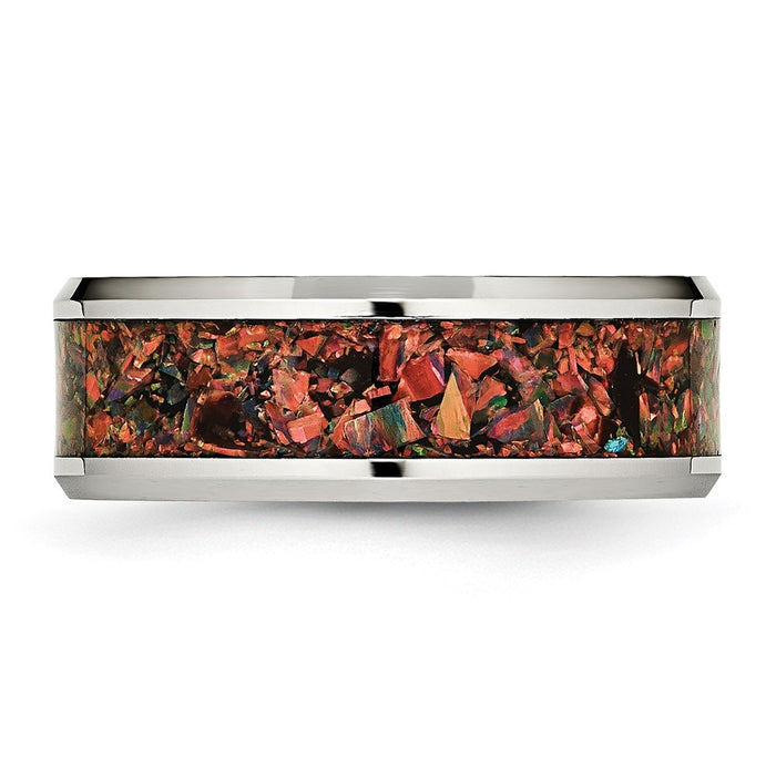 Designer Polished Stainless Steel Chisel Band, 8mm Red Opal Inlay - Stylish Value!-3