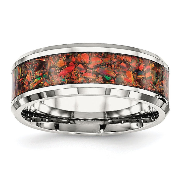 Polished Stainless Steel Chisel Band, 8mm Red Opal Inlay