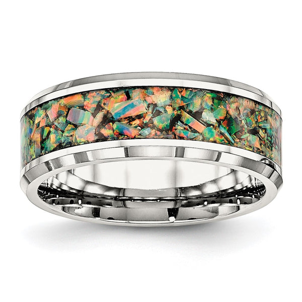 8mm Polished Stainless Steel Chisel Band with Opal Inlay