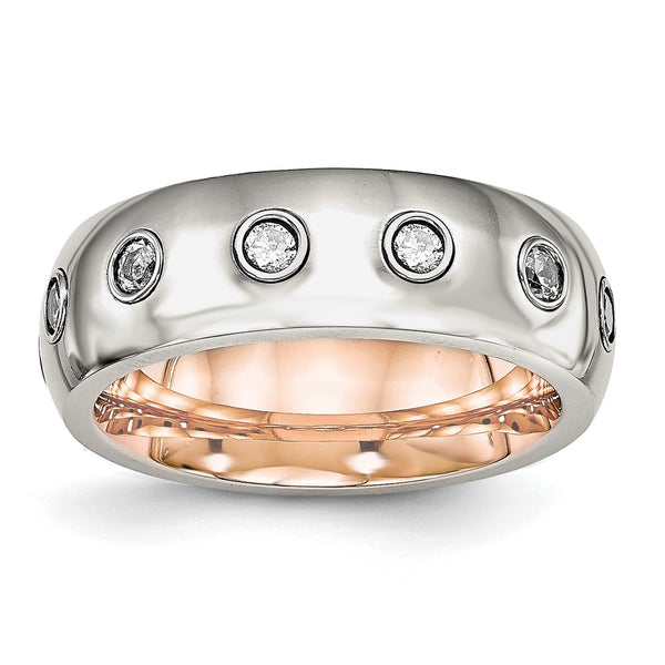7mm Polished Rose IP-Plated Stainless Steel Chisel Band with CZ