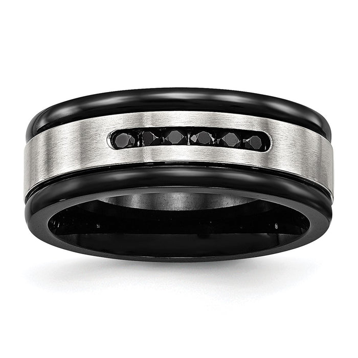 Exclusive 8mm Chisel Grooved Band in Stainless Steel with Black CZ Accents-1