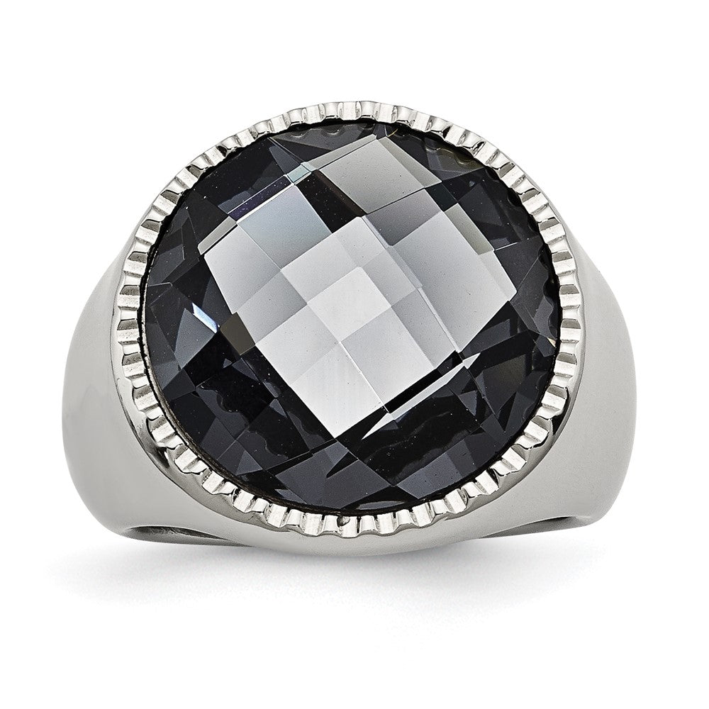 Exclusive Polished Grey Glass Ring - Stylish Chiseled Stainless Steel Design