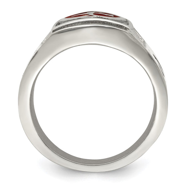 Antiqued Stainless Steel Chisel Ring with Red Enamel