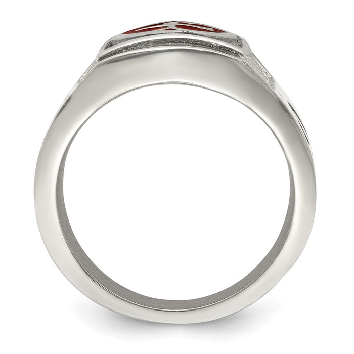 Exclusive Antiqued Stainless Steel Chisel Ring with Red Enamel Design-2