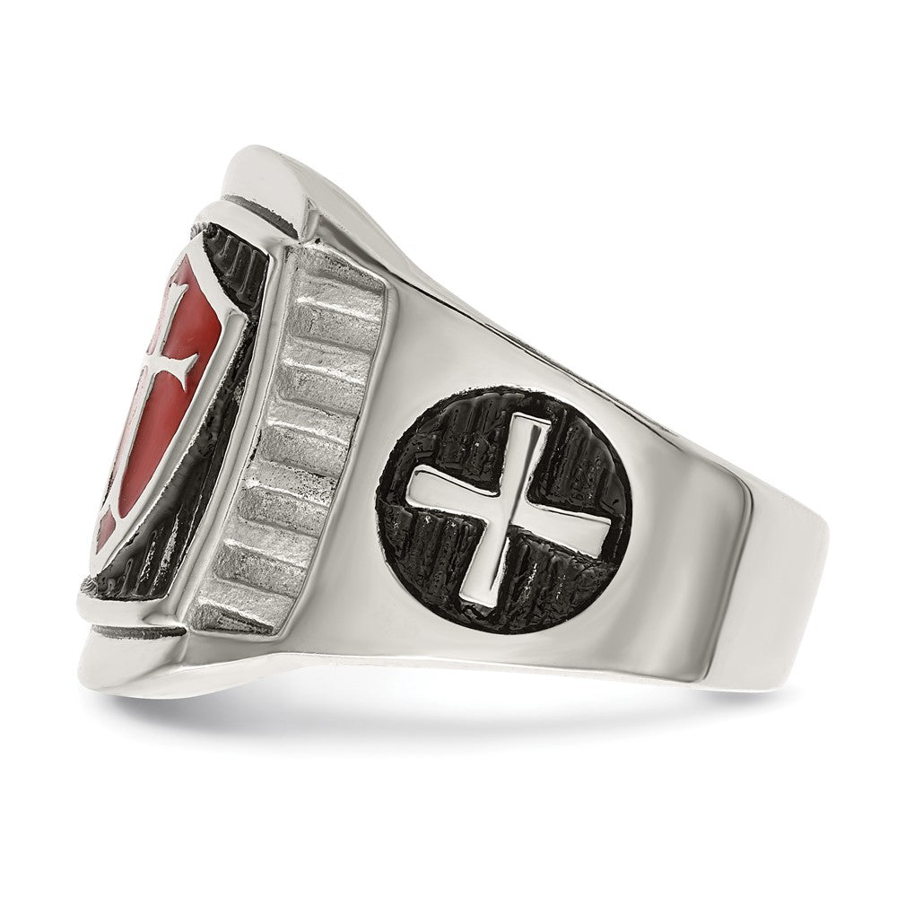 Exclusive Antiqued Stainless Steel Chisel Ring with Red Enamel Design