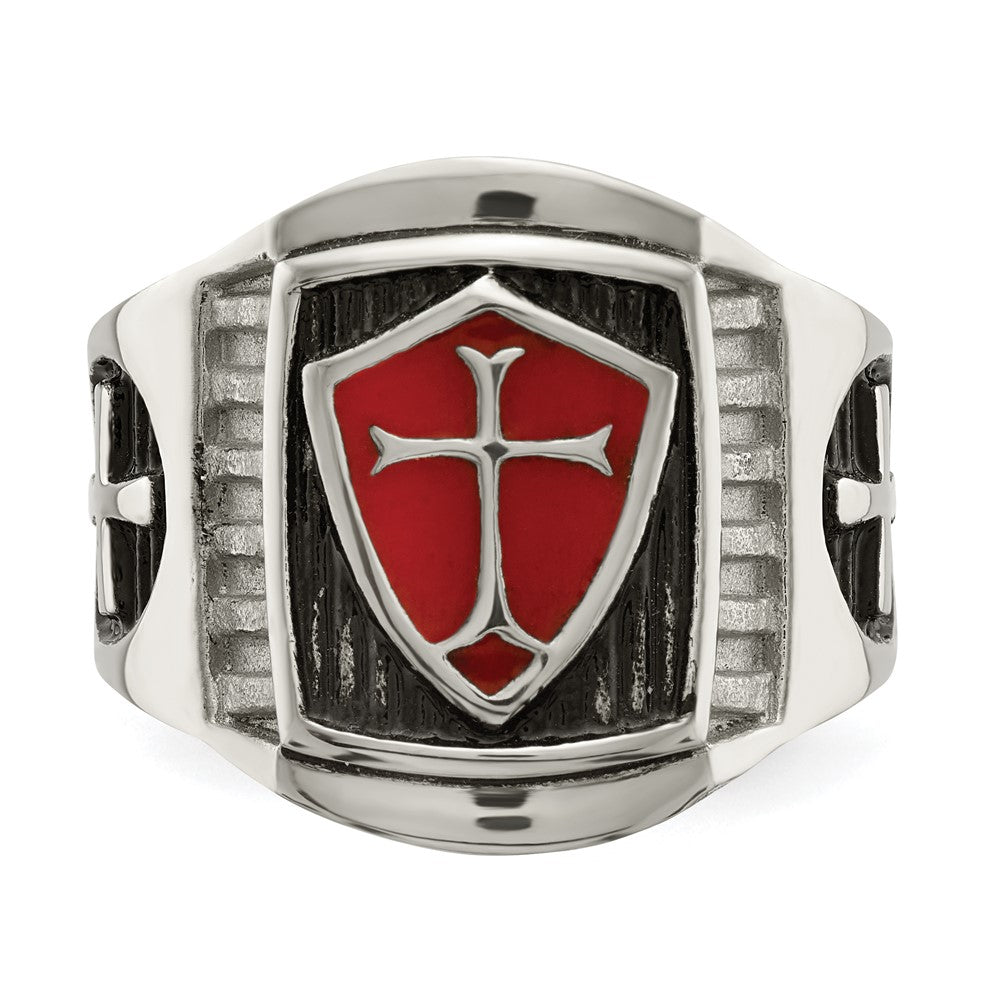 Exclusive Antiqued Stainless Steel Ring with Red Enamel Cross - Stylish Design