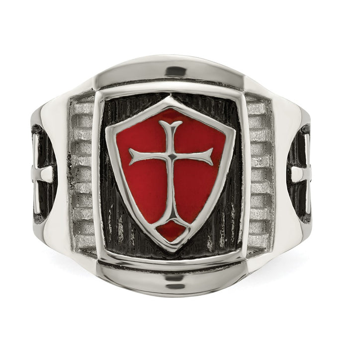 Exclusive Antiqued Stainless Steel Ring with Red Enamel Cross - Stylish Design-4