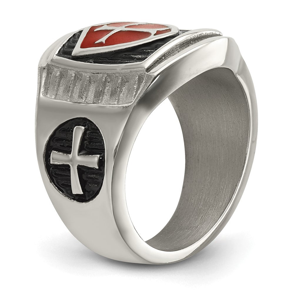Exclusive Antiqued Stainless Steel Ring with Red Enamel Cross - Stylish Design