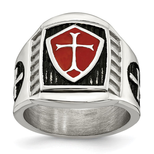 Exclusive Antiqued Stainless Steel Chisel Ring with Red Enamel Design