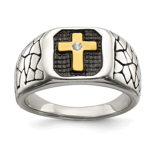 Chisel Stainless Steel Crystal Cross Ring - 14MM, Yellow IP-Plated