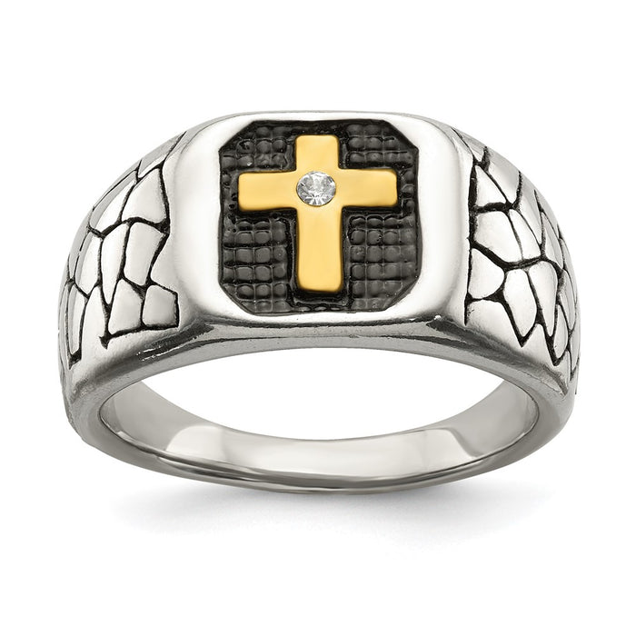 Shop Stylish Chisel Stainless Steel Crystal Cross Ring - 14MM, Yellow IP-Plated-1