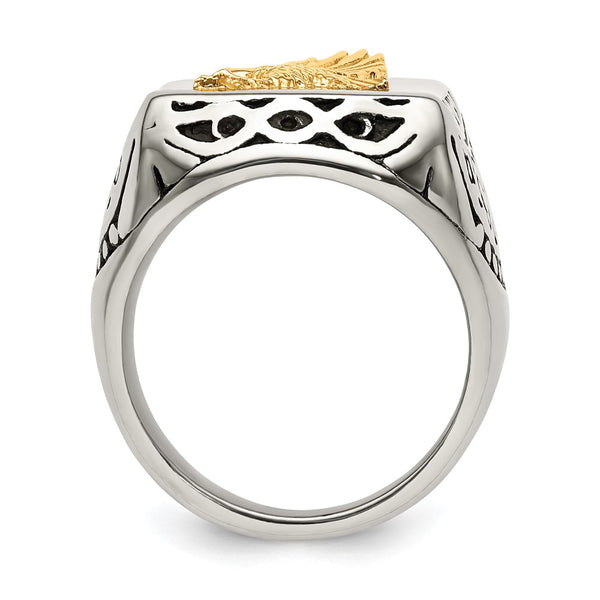 Antiqued Eagle Ring in Chiseled Stainless Steel & 14K Gold Accents