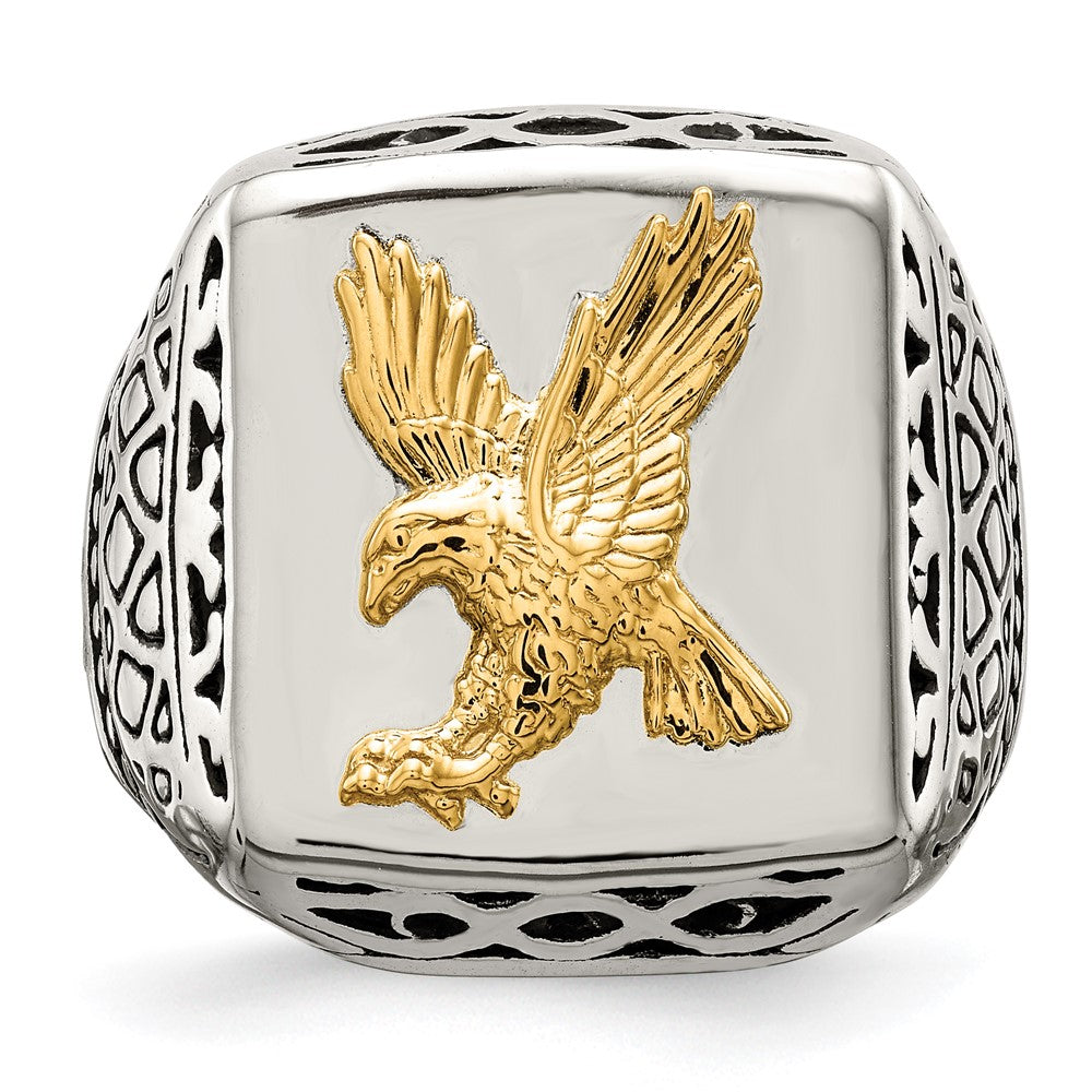 Exclusive Antiqued Eagle Ring in Chiseled Stainless Steel & 14K Gold Accents