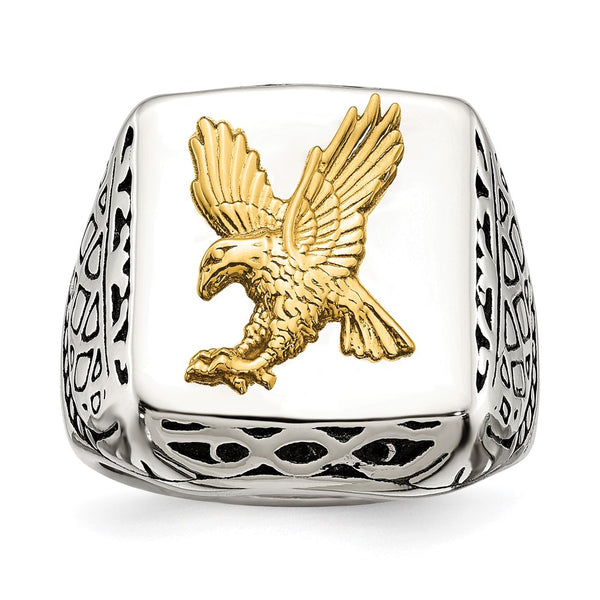 Antiqued Eagle Ring in Chiseled Stainless Steel & 14K Gold Accents