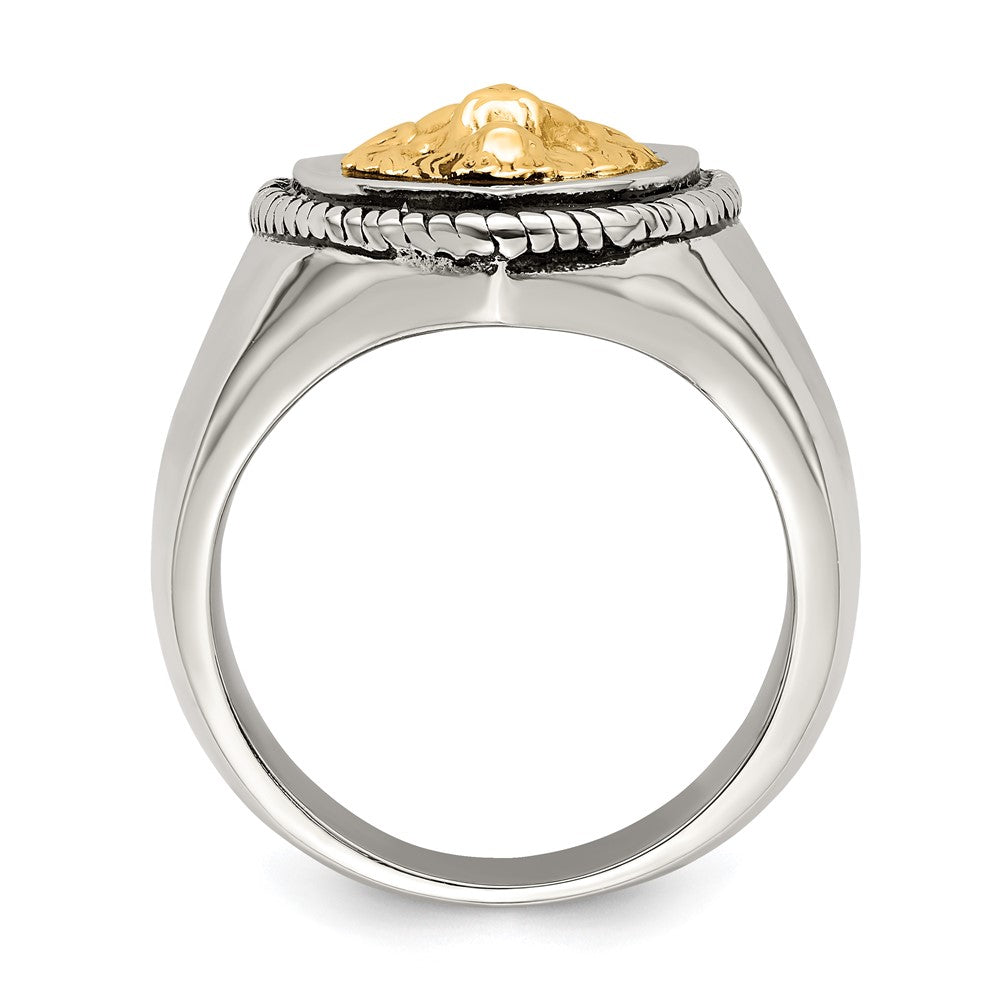 Shop Exclusive Antiqued Lion Shield Ring in Chiseled Stainless Steel & 14K Gold
