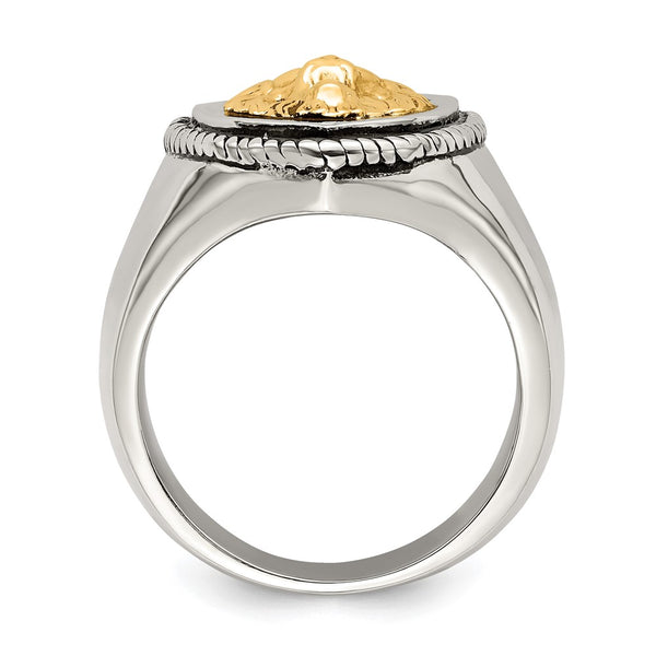 Antiqued Lion Shield Ring in Chiseled Stainless Steel & 14K Gold