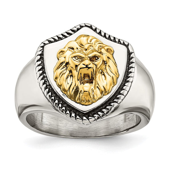Antiqued Lion Shield Ring in Chiseled Stainless Steel & 14K Gold