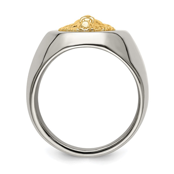Polished Lion Head Ring - 14K Gold Accents Stainless Steel