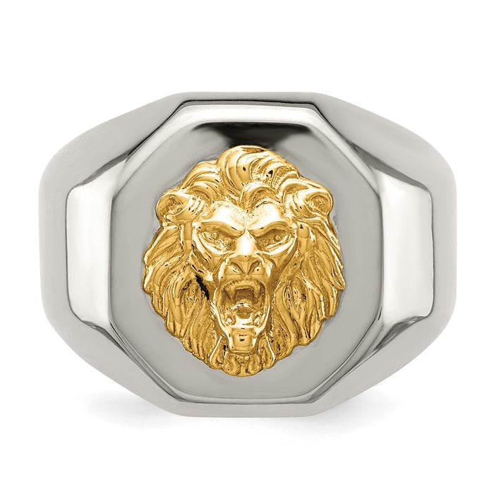 Shop Stylish Polished Lion Head Ring - 14K Gold Accents, Chiseled Stainless Steel-3