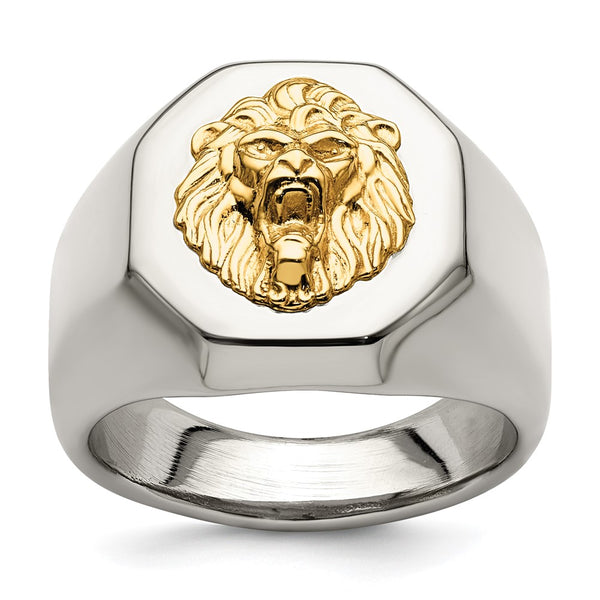 Polished Lion Head Ring - 14K Gold Accents Stainless Steel