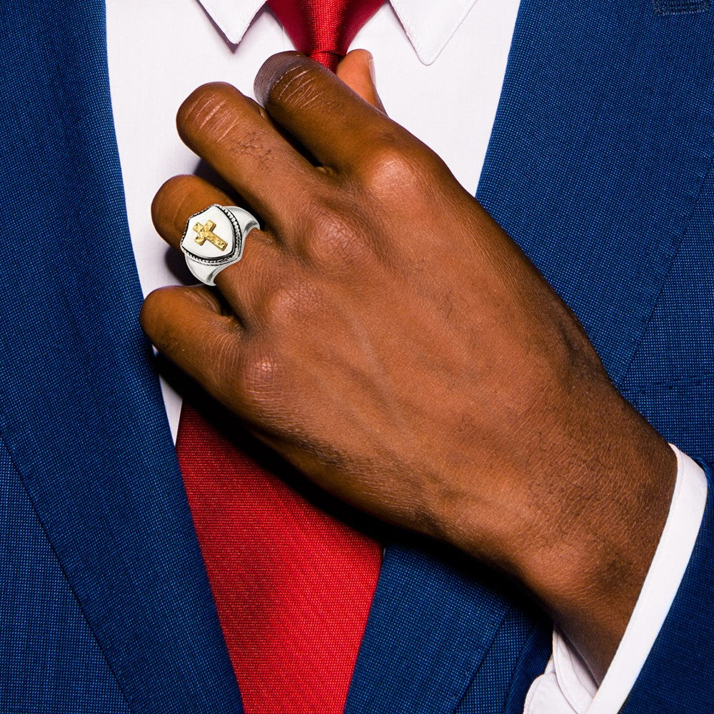 High-Quality Antiqued Shield Ring: 14K Gold Accent & Chiseled Stainless Steel