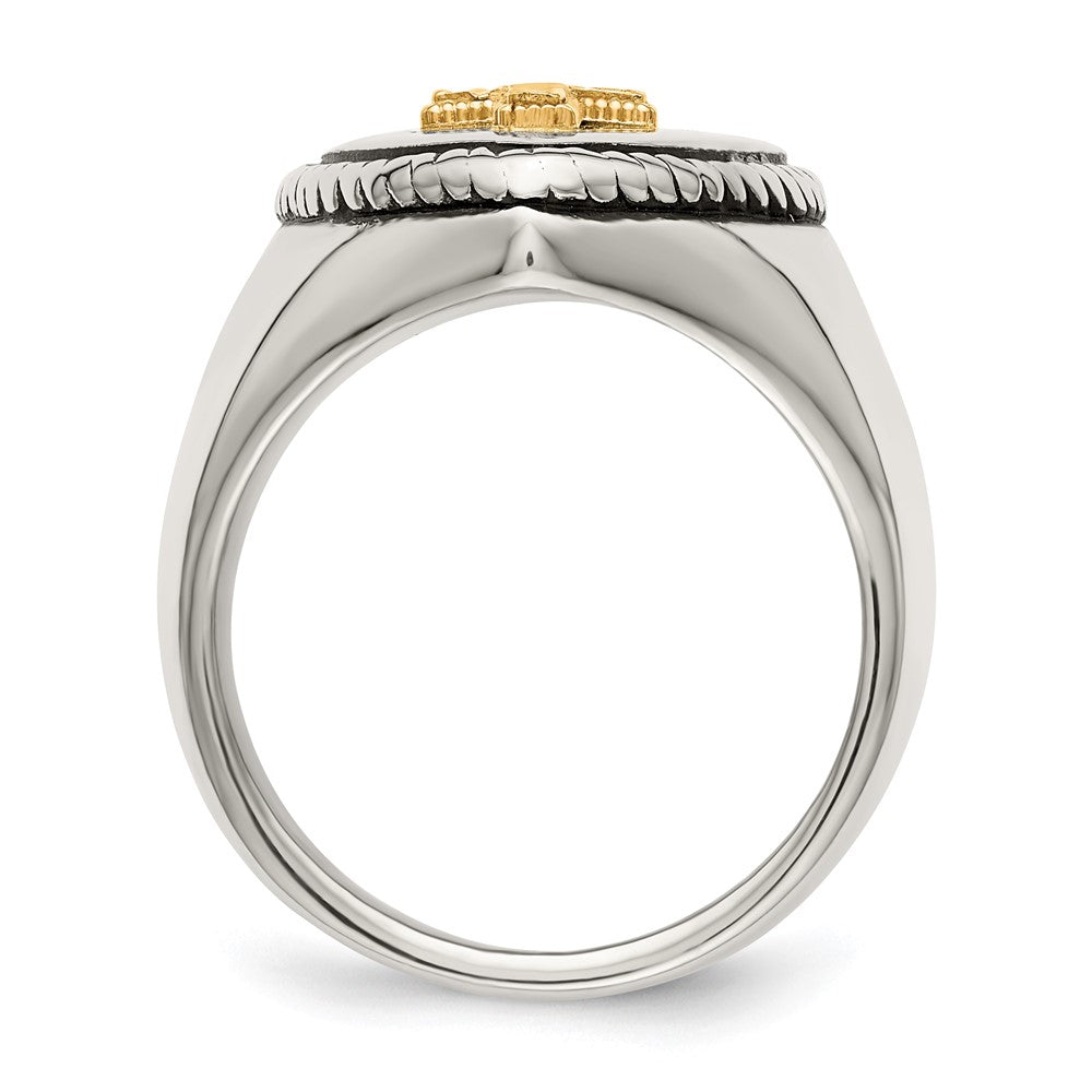 High-Quality Antiqued Shield Ring: 14K Gold Accent & Chiseled Stainless Steel