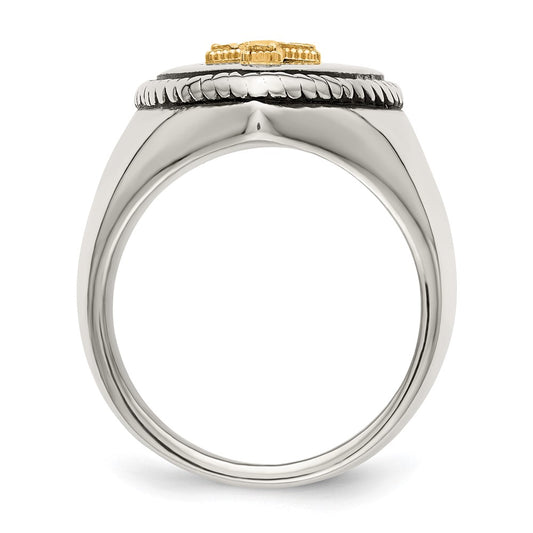High-Quality Antiqued Shield Ring in Chiseled Stainless Steel & 14K Gold Accent