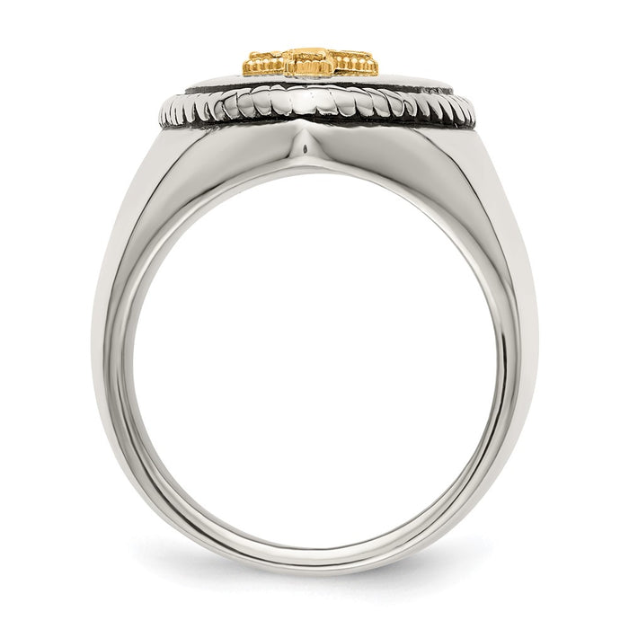 High-Quality Antiqued Shield Ring in Chiseled Stainless Steel & 14K Gold Accent-2