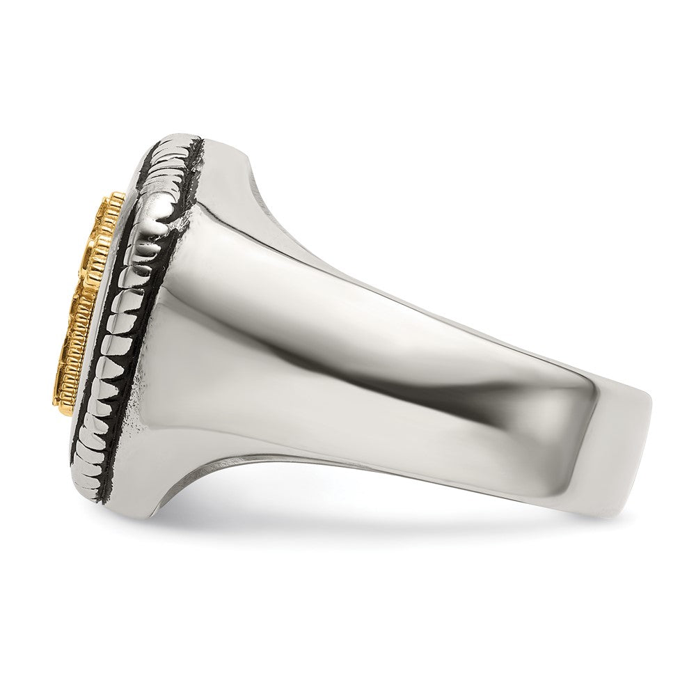 High-Quality Antiqued Shield Ring: 14K Gold Accent & Chiseled Stainless Steel