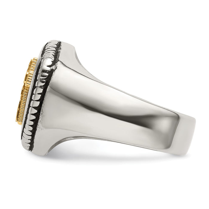 High-Quality Antiqued Shield Ring: 14K Gold Accent & Chiseled Stainless Steel-3