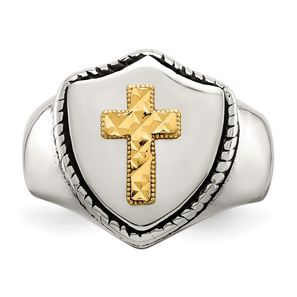 High-Quality Antiqued Shield Ring in Chiseled Stainless Steel & 14K Gold Accent