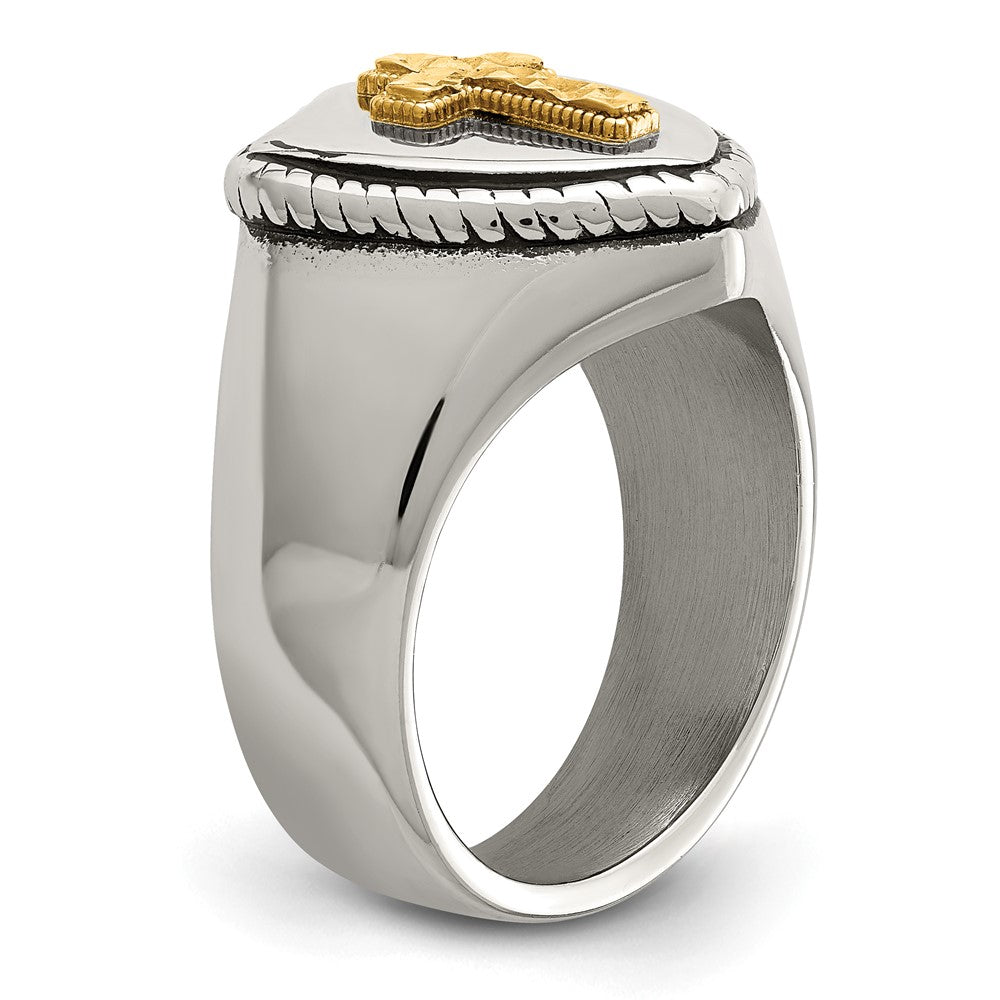 High-Quality Antiqued Shield Ring in Chiseled Stainless Steel & 14K Gold Accent