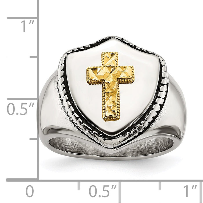 High-Quality Antiqued Shield Ring in Chiseled Stainless Steel & 14K Gold Accent-3