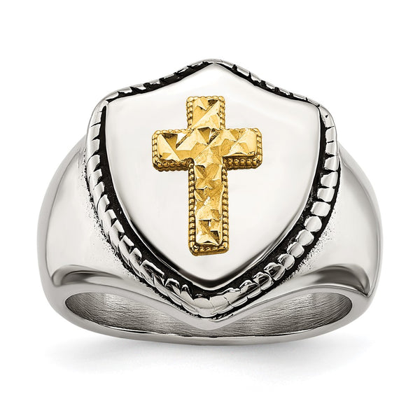 Antiqued Shield Ring - 14K Gold Accent, Stainless Steel