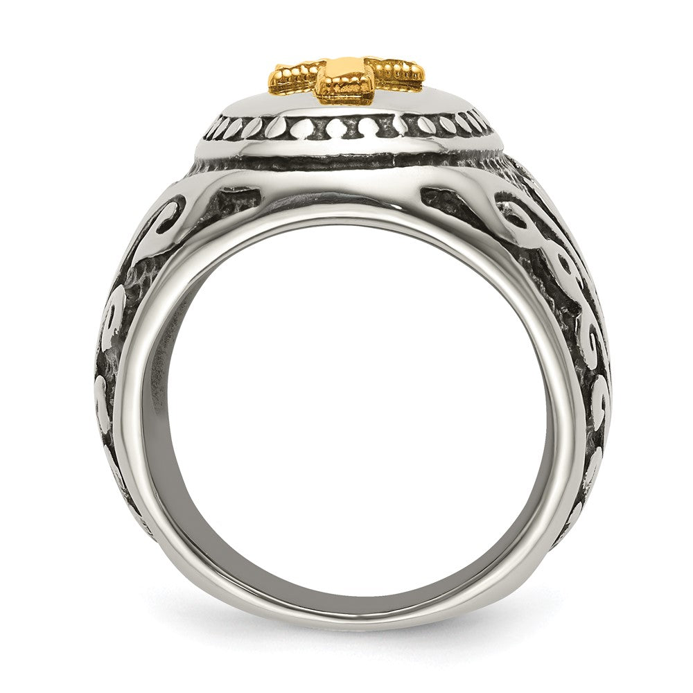 High-quality Antiqued Cross Ring: 14K Gold Accents in Stylish Stainless Steel